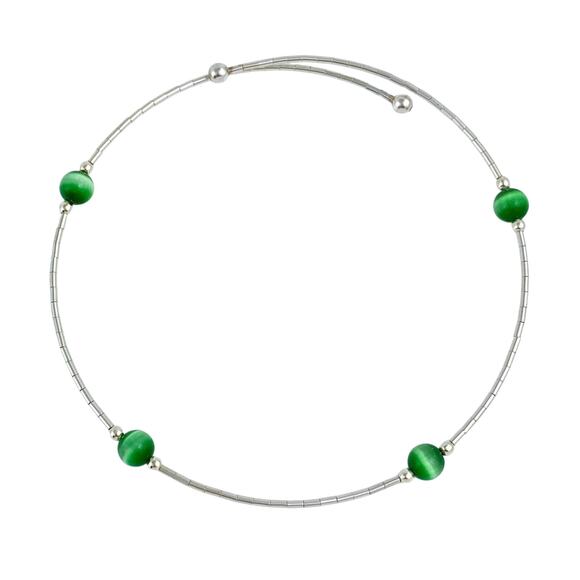 Green Cat’s Eye Memory Wire Bracelet | Vintage Sterling Silver | 8” Adjustable - Picture 1 of 4